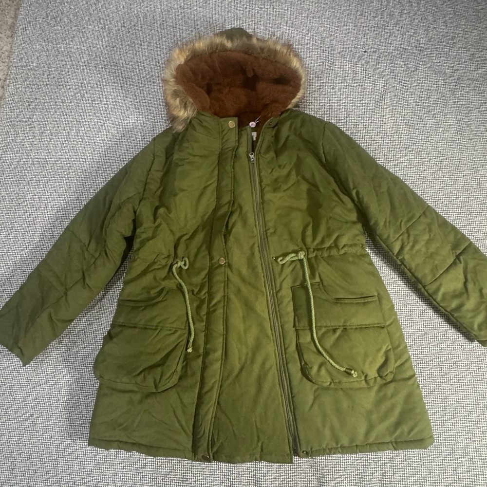 Maacie Womens Olive Green Faux Fur Hooded Parka Jacket Fleece Lined Size L